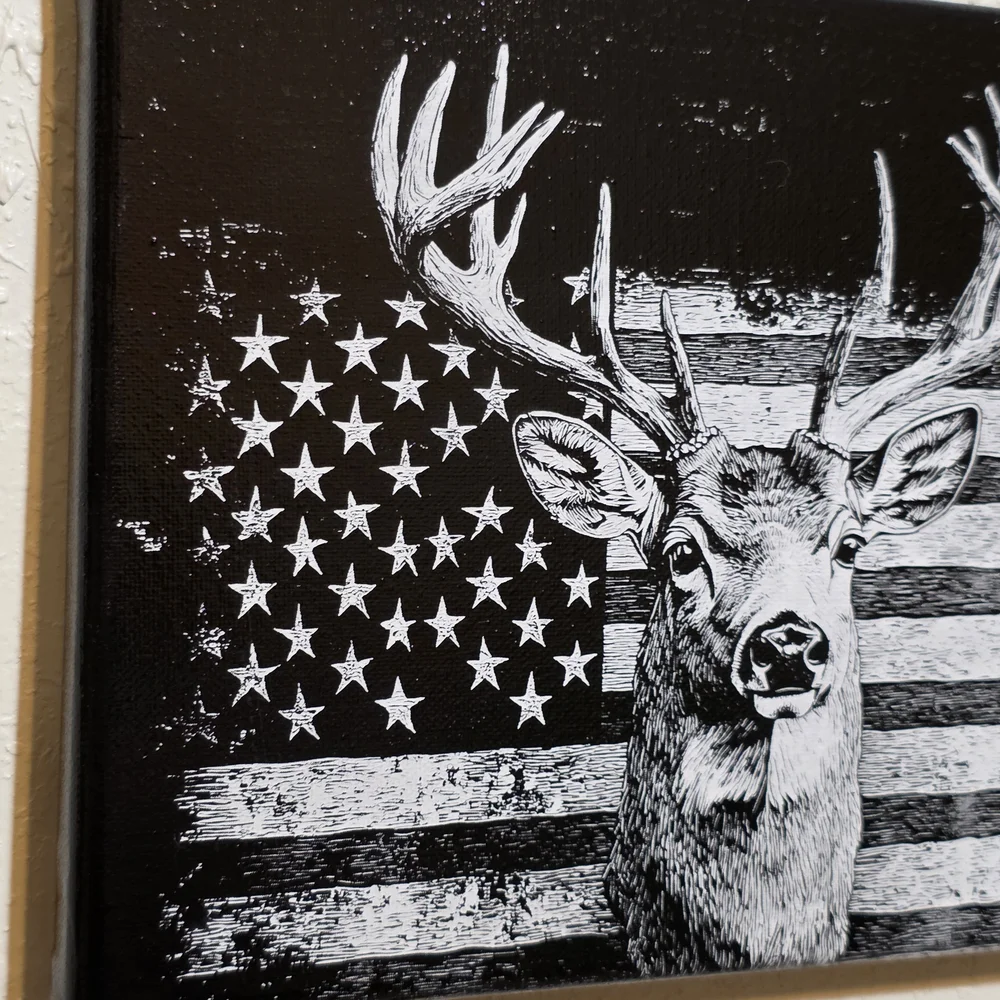 Black and White Deer And Flag Canvas Wall Art - Laser Etched - NEW
